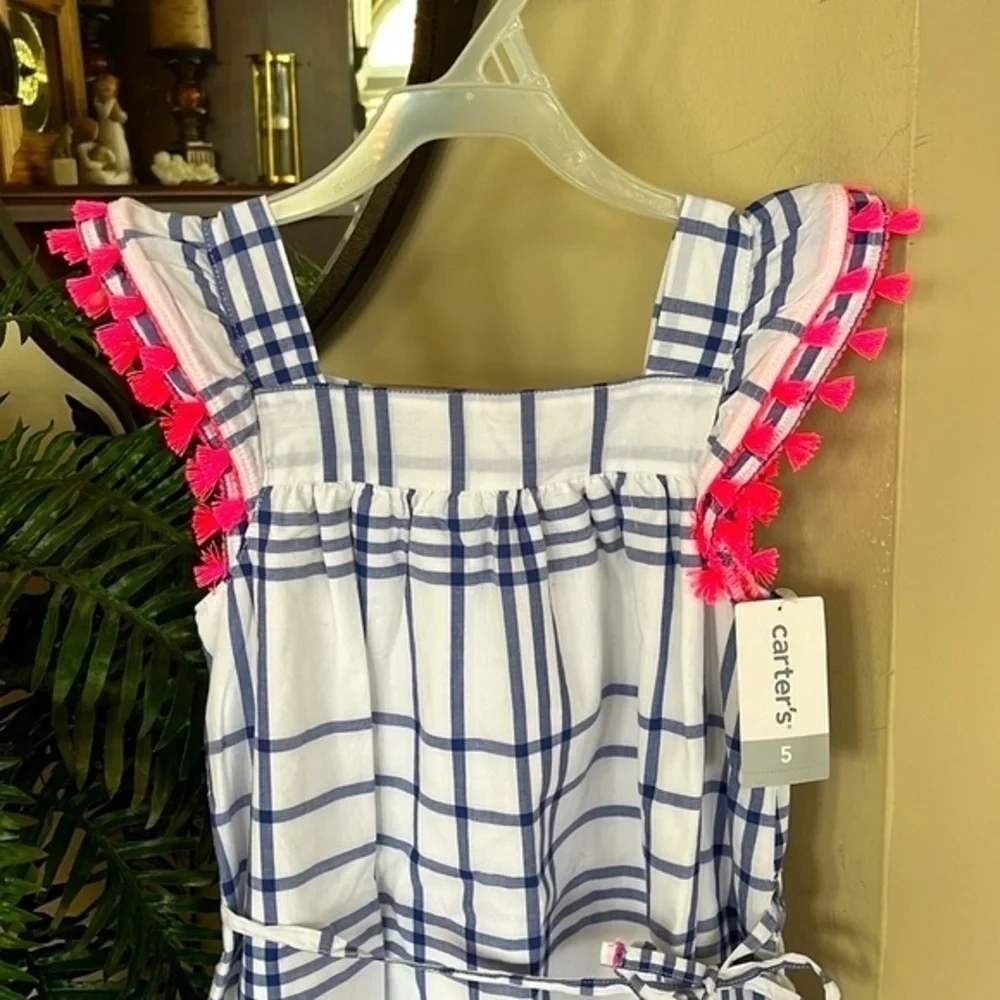 Brand New Carter’s White Blue Plaid Dress w/ Pink Tassels Tie Waist Lined Casual